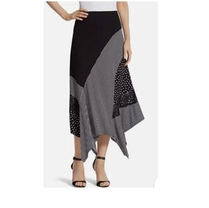 Chicos Pieced Dots and Stripe Hanky Hem Maxi Skirt Womens Black White Size 0